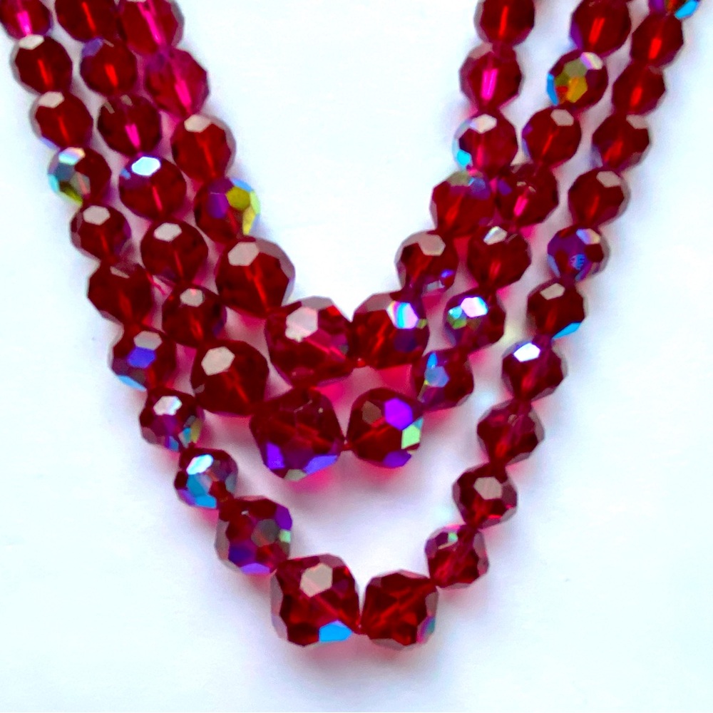 Vintage 50s Laguna Aurora Glass Bead Necklace - Triple Strand Red